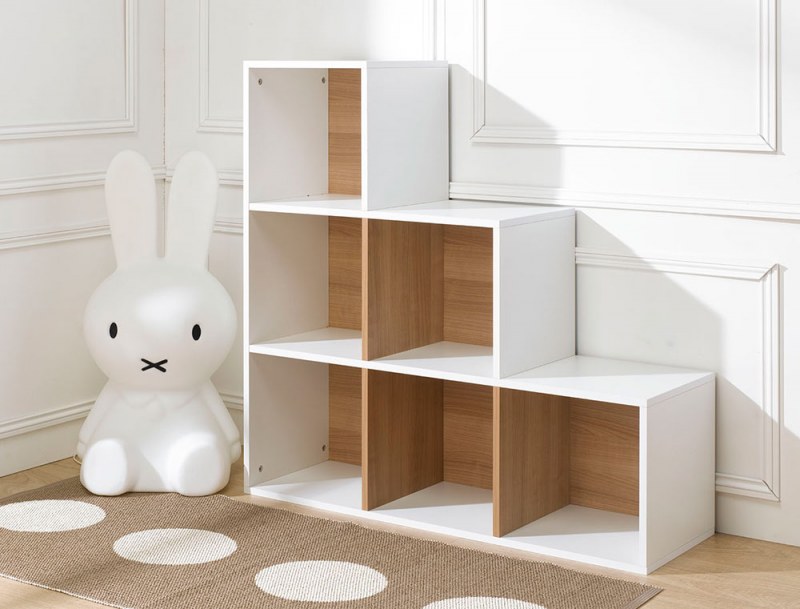Cubo de almacenaje blanco y madera 6 compartimentos en escalera
