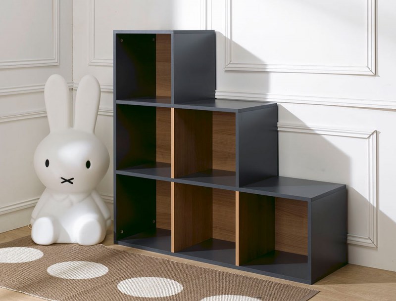 Cubo de almacenaje 6 compartimentos escalera antracita y madera