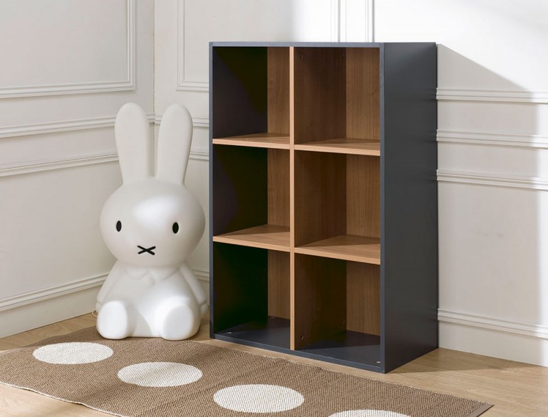 Cubo de almacenamiento de 6 compartimentos en antracita y madera