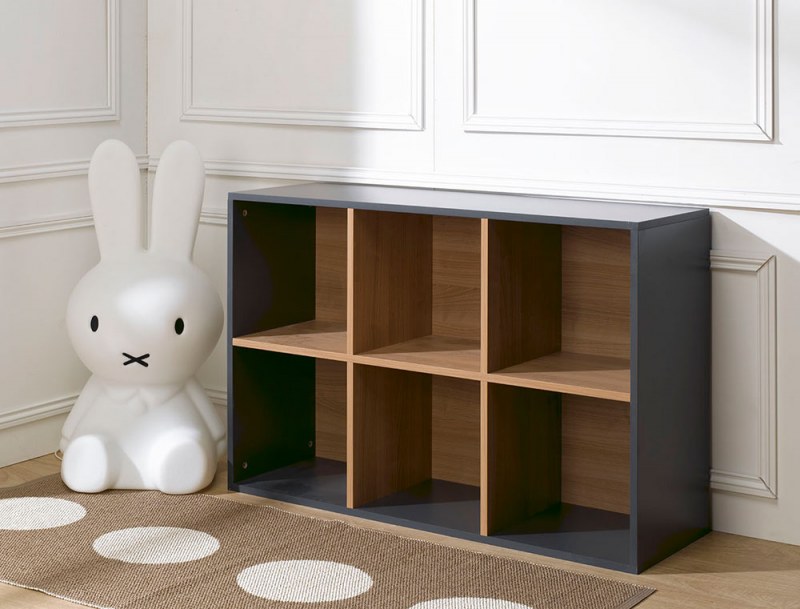Cubo de almacenaje de 6 compartimentos en antracita y madera colocado en horizontal