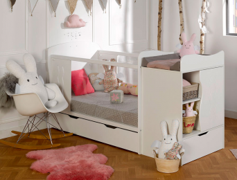 Lit bébé évolutif Belem Blanc 70x140 avec table à langer et tiroir de rangement.