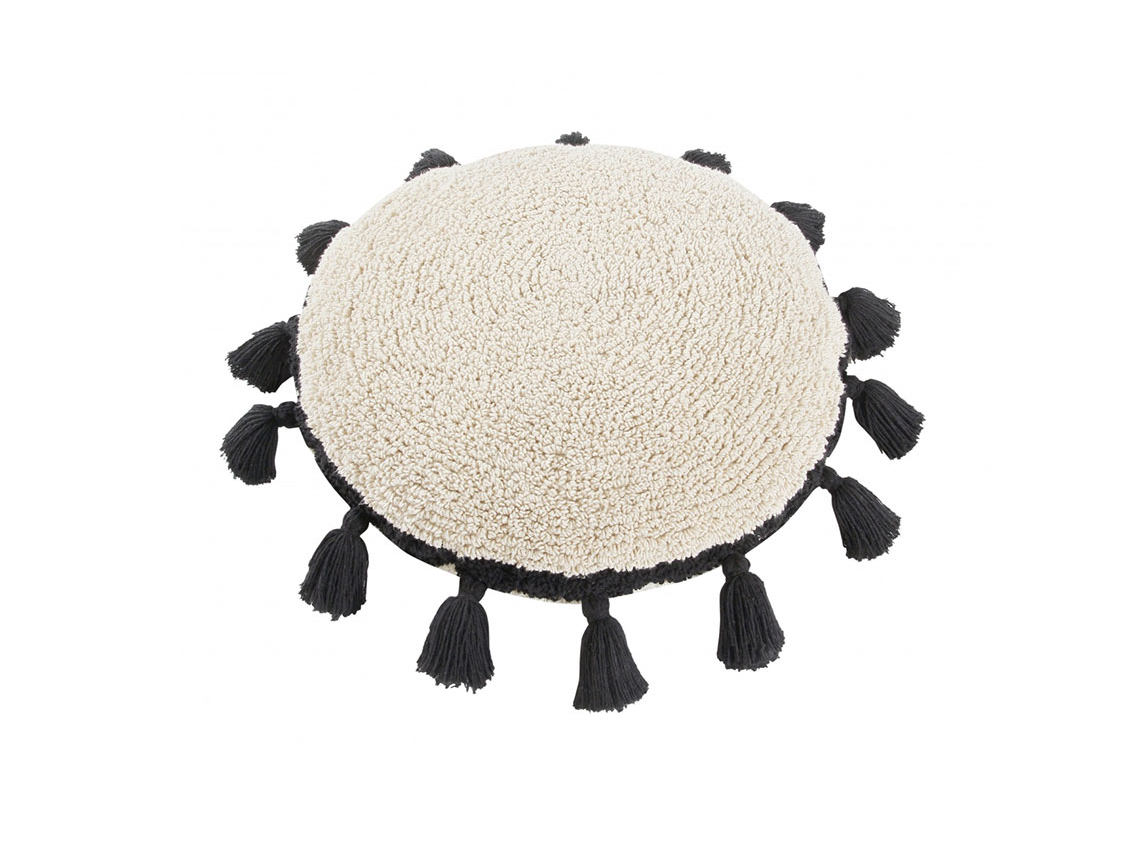 Rond kussen met zwarte pompon