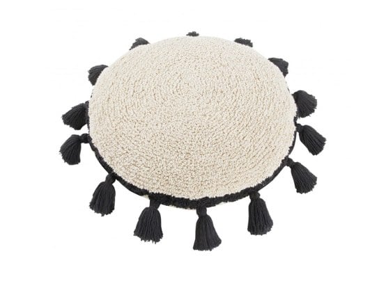 Cojín redondo con pompón negro