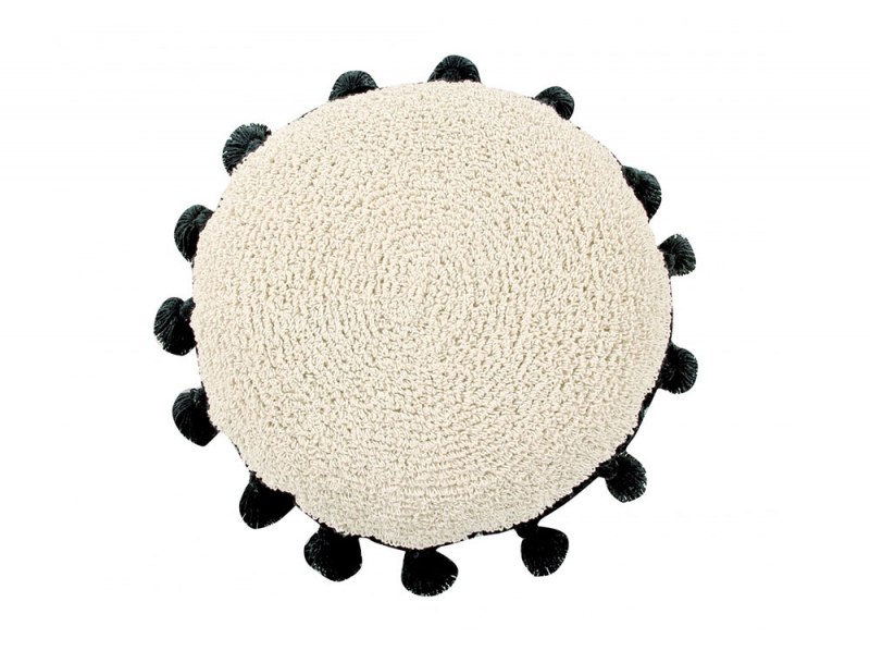 Cuscino rotondo con pompon nero
