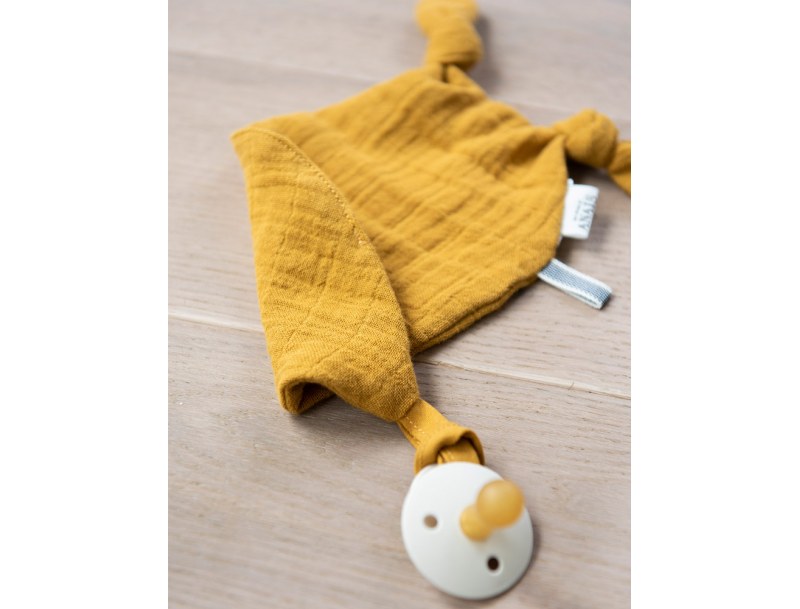 Designer Mustard pacifier clip plush toy