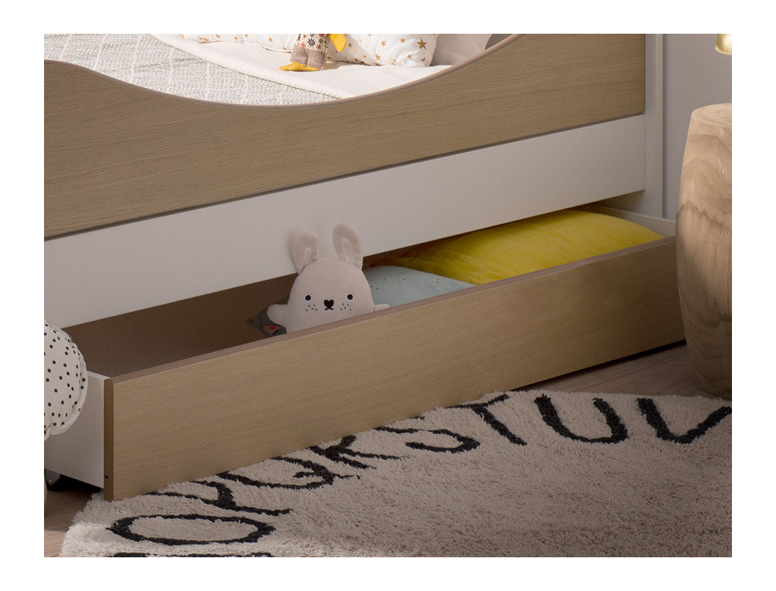 Witte en houten opberglade. Bed niet inbegrepen.