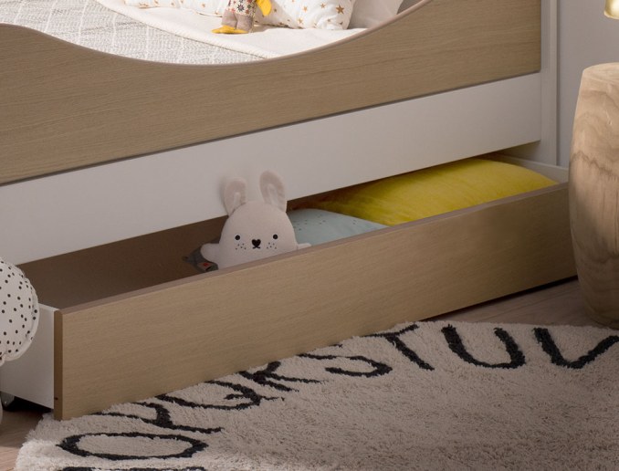 Cajón de almacenamiento blanco y madera. Cama no incluida.