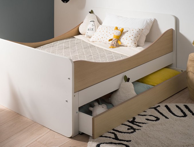 Weiße und Holz-Aufbewahrungsschublade für das Opus Umbaubett. Bett nicht im Lieferumfang enthalten.