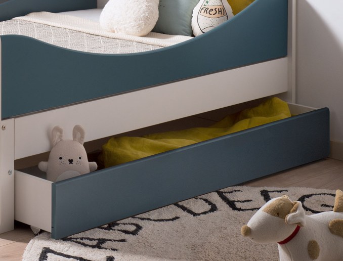 Aufbewahrungsschublade für mitwachsendes Kinderbett Opus Weiß und Nachtblau. Bett nicht im Lieferumfang enthalten.