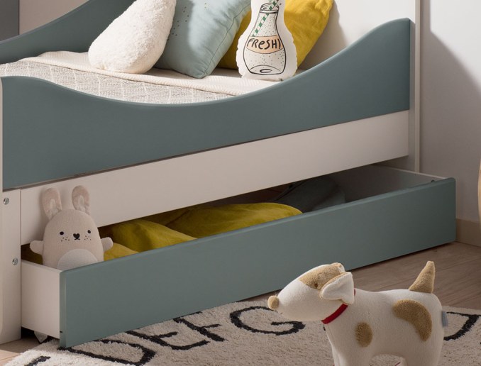 Aufbewahrungsschublade für mitwachsendes Kinderbett Opus in Weiß und Moosgrün. Bett nicht enthalten.