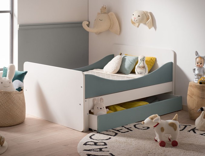 Schublade für ausziehbares Kinderbett Opus Weiß und Moosgrün. Bett nicht inbegriffen.