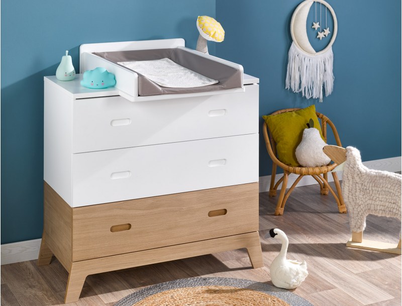 Cómoda infantil Blanco y Roble Archipel con 3 cajones. Cambiador no incluido, disponible en nuestra web chambrekids.