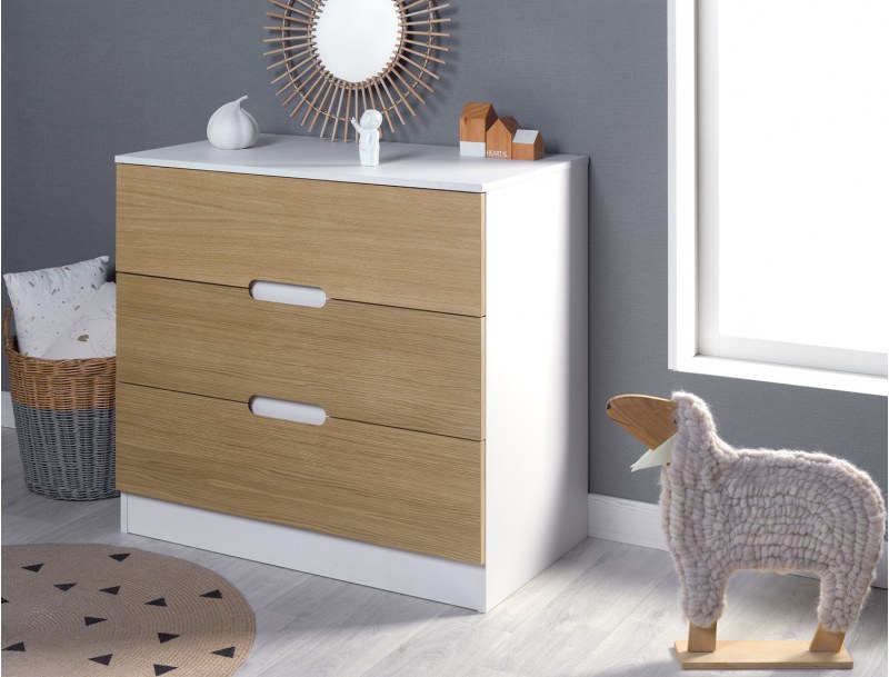 Cassettiera Bianca e legno Opus, per bambini, 3 cassetti.