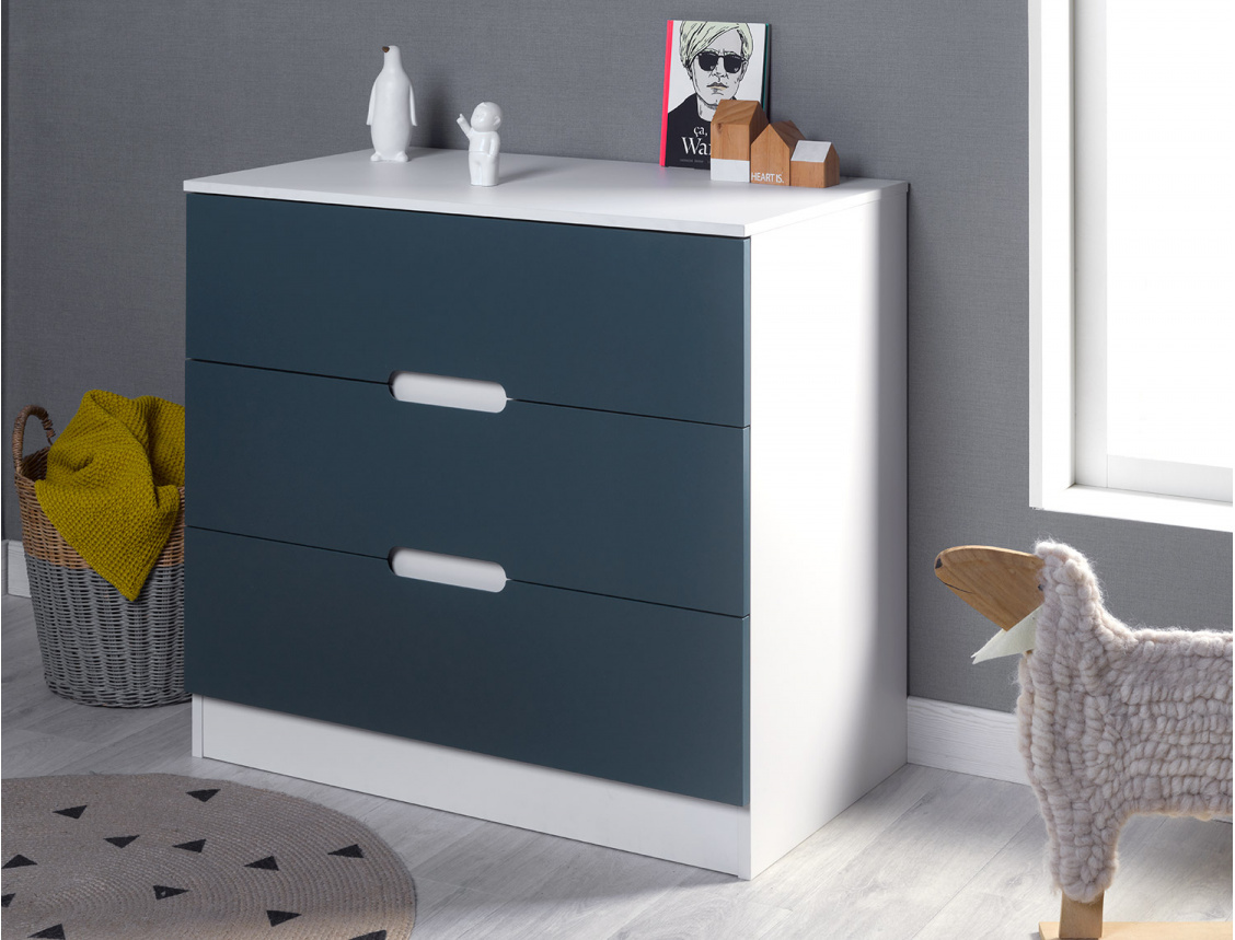 Opus white and night blue 3-drawer dresser.