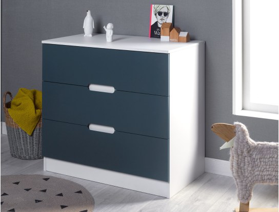 Opus white and night blue 3-drawer dresser.