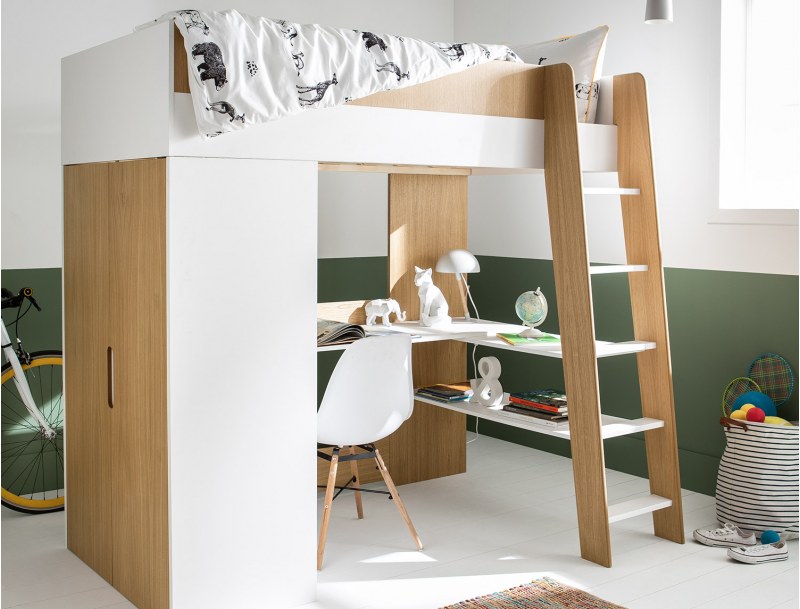 Letto a soppalco + armadio e scrivania Opus Bianco e Legno