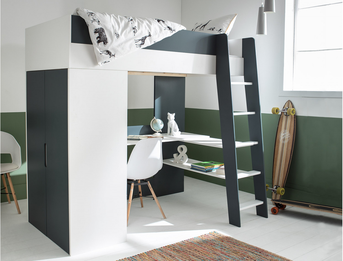 Opus White & Midnight Blue loft bed + wardrobe & desk