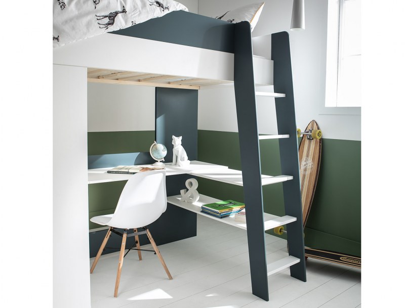Opus White & Midnight Blue loft bed with desk