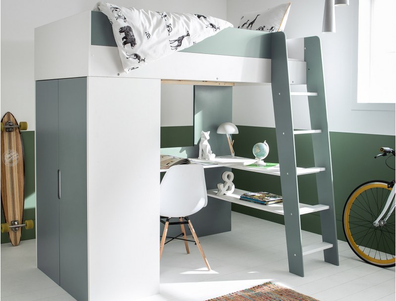 Letto a soppalco + armadio e scrivania Opus Bianco e Verde Muschio