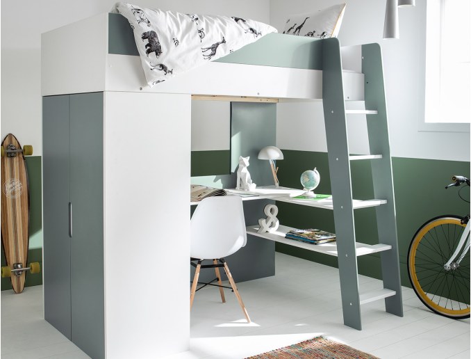 Letto a soppalco + armadio e scrivania Opus Bianco e Verde Muschio