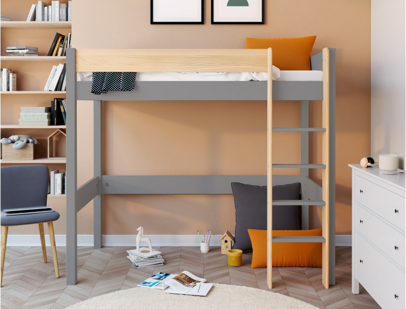 Hochbett Landes aus Kiefer in Grau und Holz