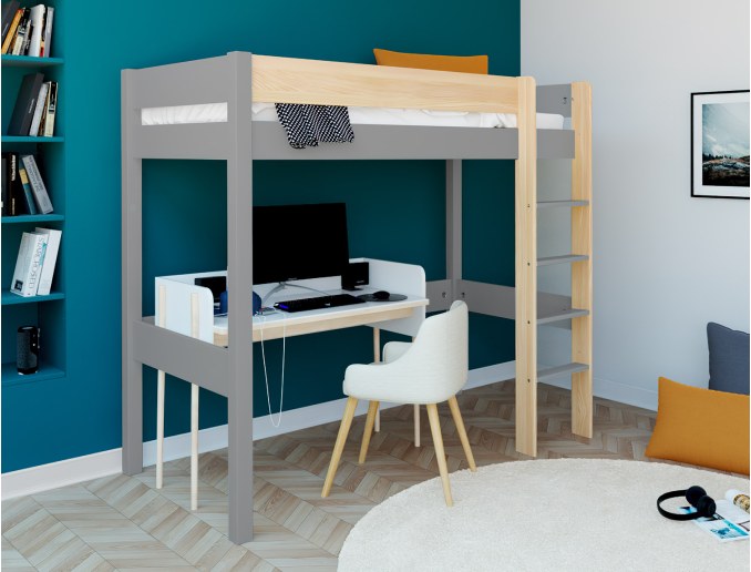 Cama alta Landes Gris y Madera