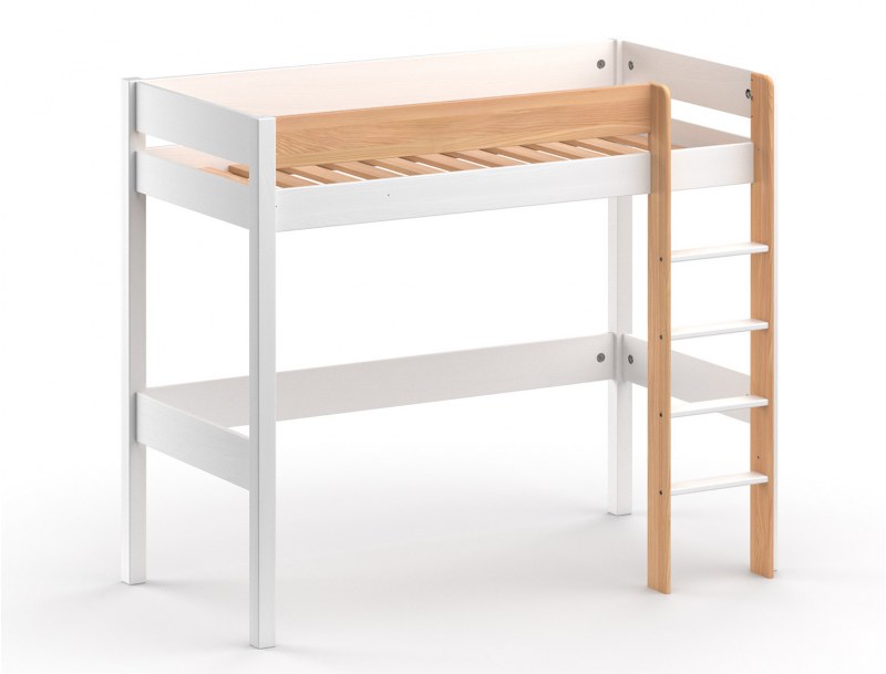 Landes White and Wood loft bed with wooden slats