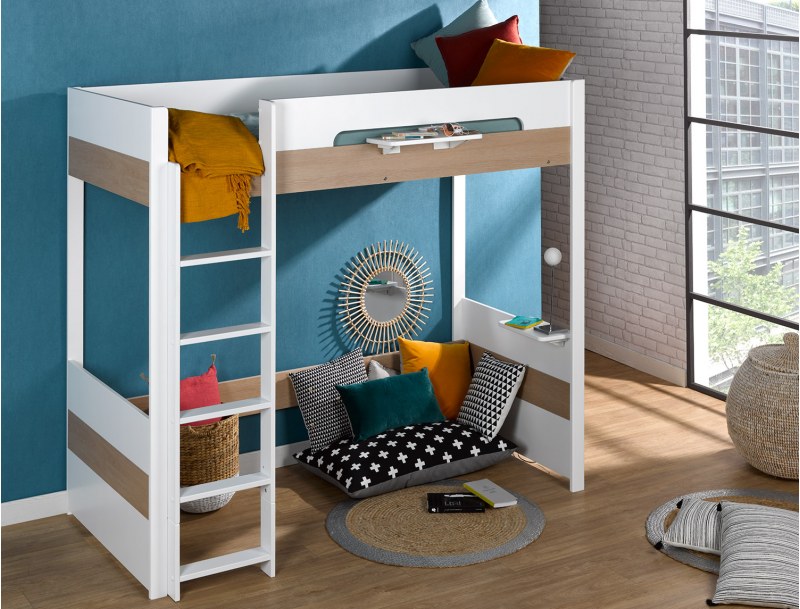 Letto a soppalco per bambini Nomade. I due ripiani comodino sono opzionali.
