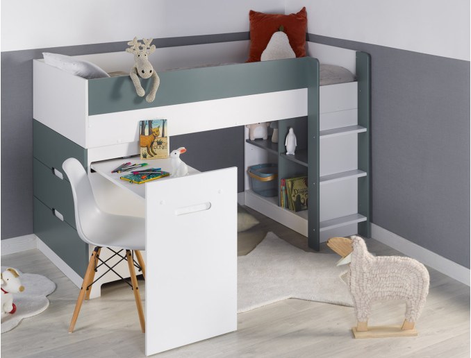 Cama media altura con escritorio y cómoda Opus Blanco y Verde musgo
