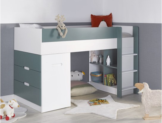 Cama semi alta con escritorio y almacenaje Opus Blanco y Verde musgo para niño