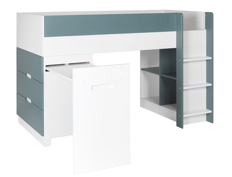 Letto a soppalco basso per bambini con scrivania e contenitore Opus Bianco e Verde muschio