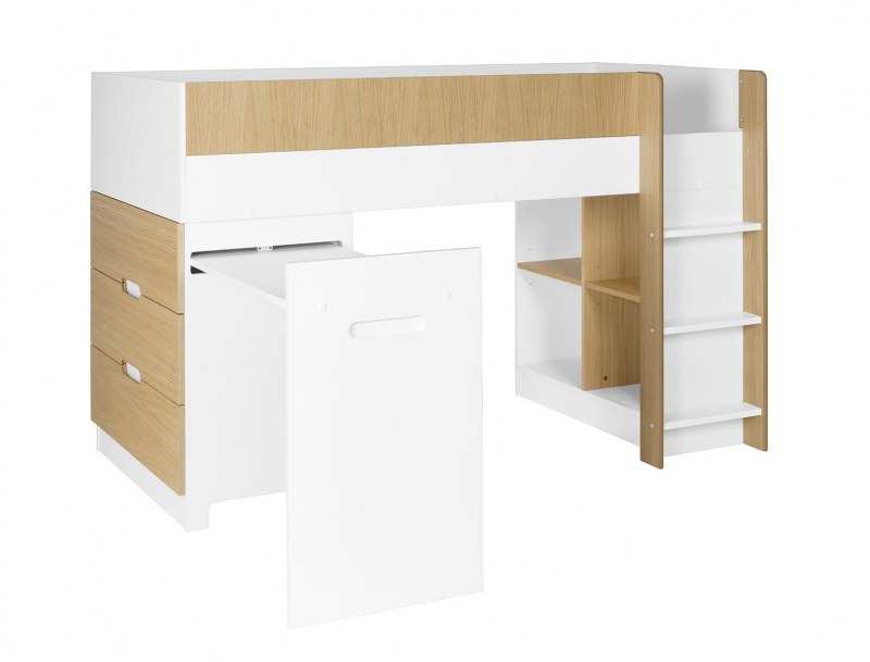 Letto a mezza altezza con scrivania, scrivania e cassettiera Bianco e legno