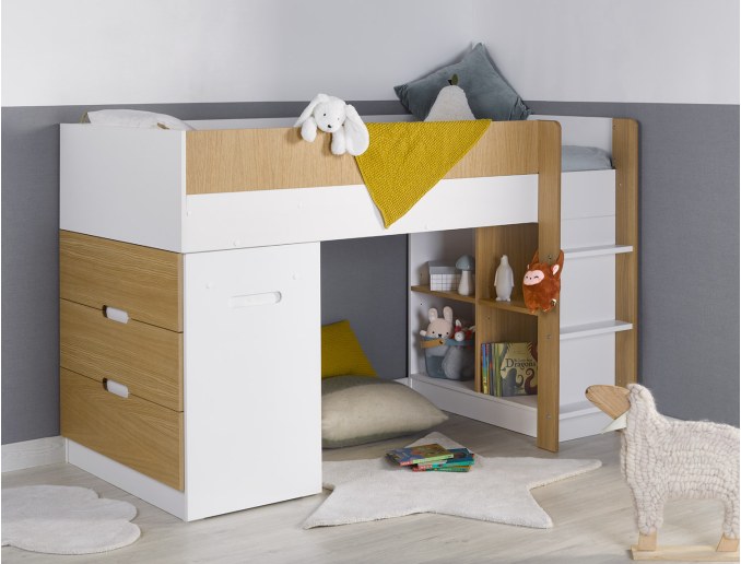 Halbhohes Kinderbett mit Schreibtisch und Kommode Weiß und Holz