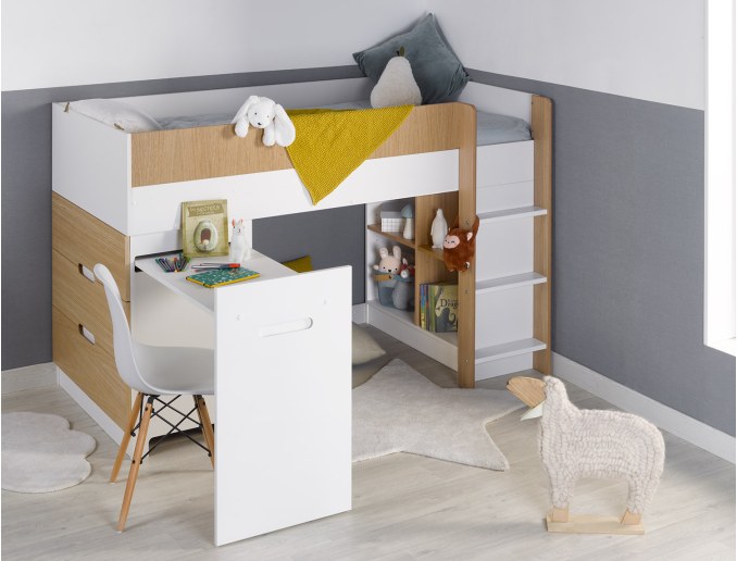 Cama semi alta con escritorio y cómoda Blanco y madera
