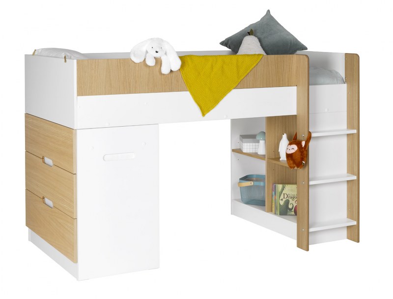Letto a mezza altezza Opus con scrivania e cassettiera Bianco e legno