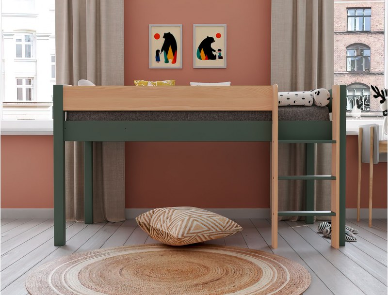 Halbhohes Kinderbett Landes Khaki und Holz