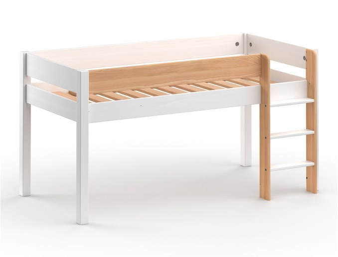 Halbhohes Bett Landes Weiß und Holz mit Holzlatten