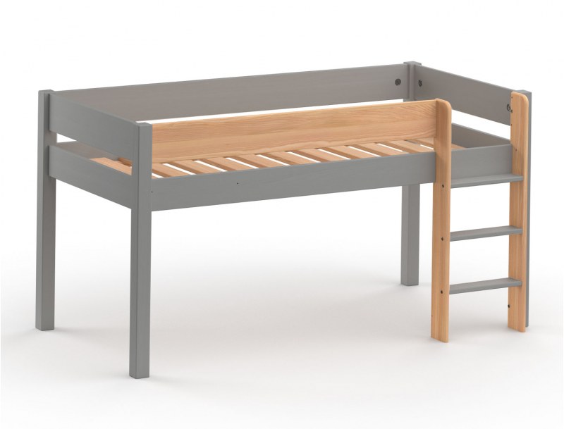 Cama semi alta Landes Gris Franela y Madera con lamas de madera