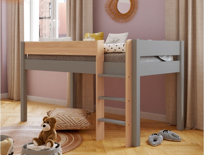 Halbhohes Bett Landes Flanellgrau und Holz