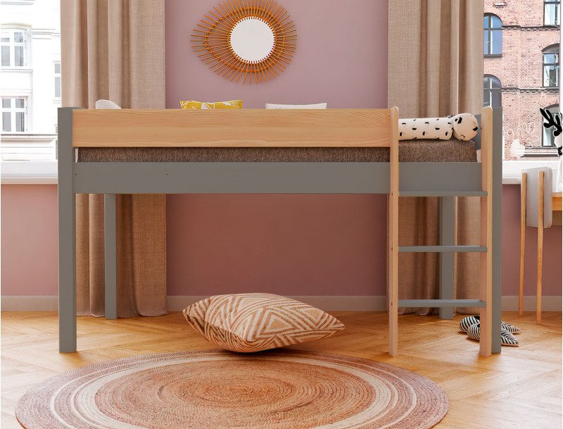 Cama semi alta Landes Gris Franela y Madera para niño