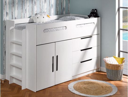 Letto a mezza altezza per bambini Plume Bianco 90/190 scopri i contenitori adattabili sotto il letto sul sito.