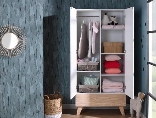 White and wood children's storage wardrobe 2 doors