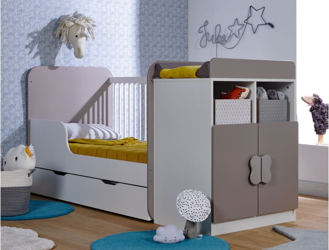 Mitwachsendes Babybett Madrid Weiß/Leinen 70x140 in ausziehbarer Position. Schublade optional.