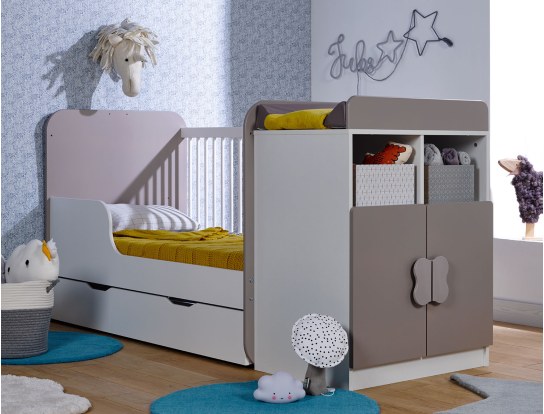Evolutief babybed Madrid Wit/Linnen 70x140 in evolutieve positie. Lade optioneel.