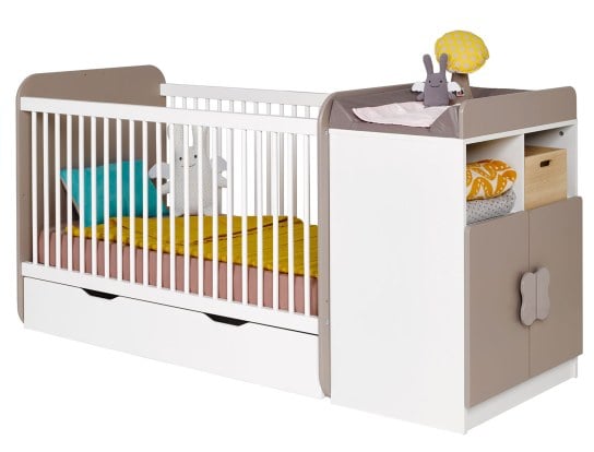 Mitwachsendes Babybett Madrid Weiß/Leinen 70x140. Schublade auf der Website zu entdecken.