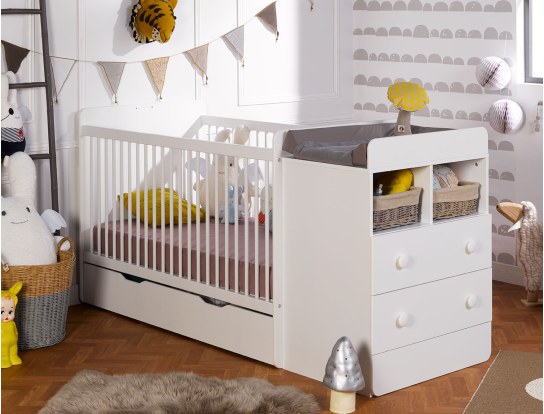 Lit bébé évolutif Malte Blanc avec son tiroir de rangement et sa commode avec plan à langer