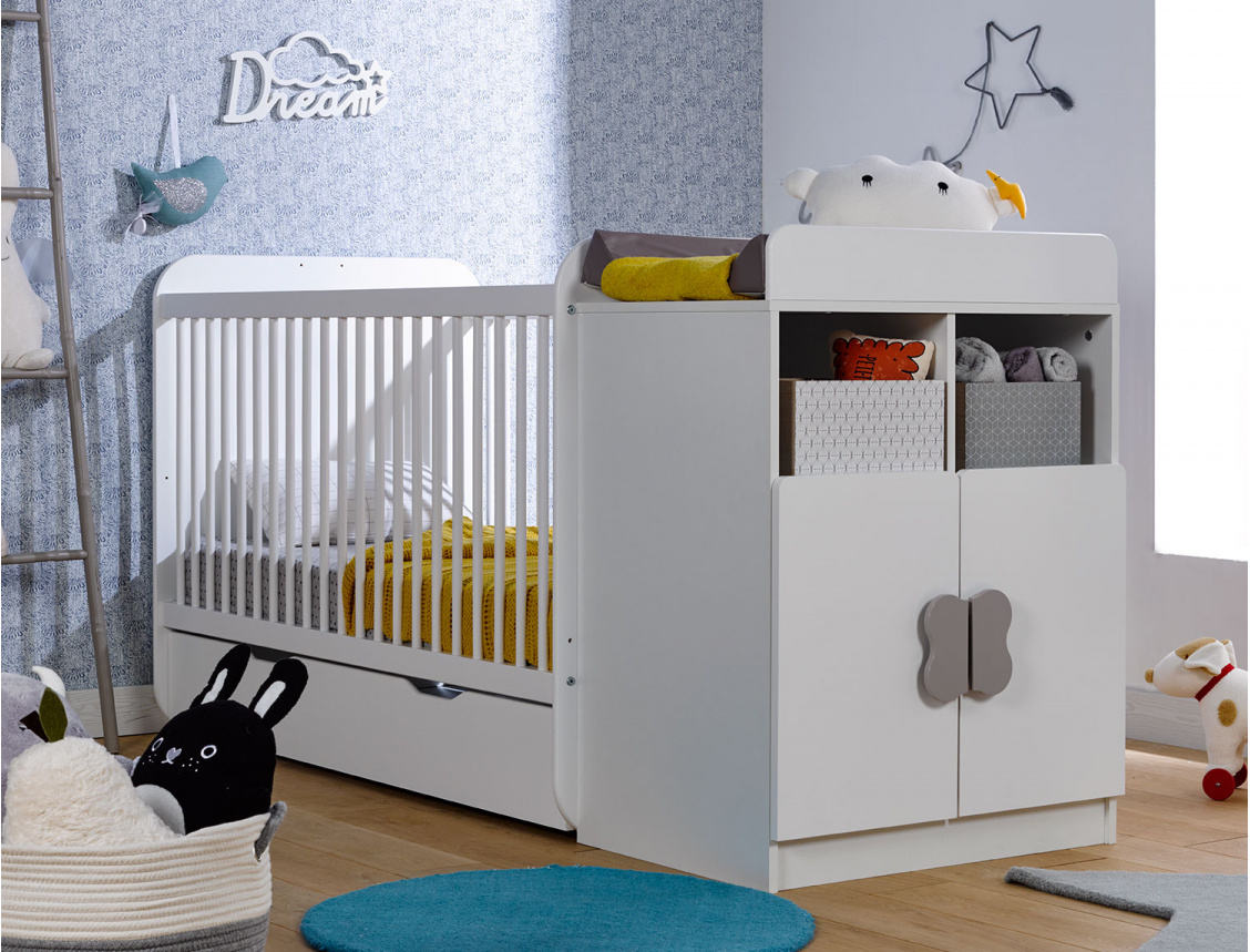 Chambre bébé évolutive Madrid Blanc + tiroir & matelas, made in France