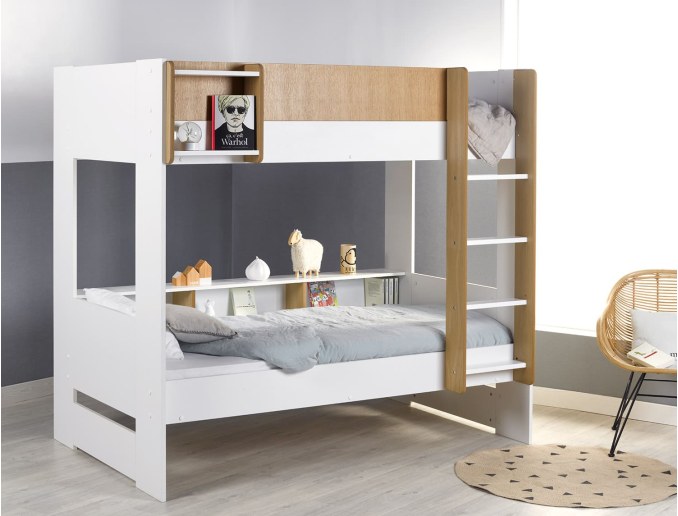 Litera 90x190 cm Blanca y madera con almacenaje