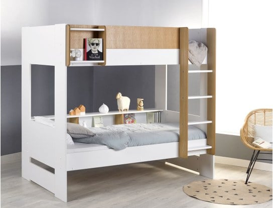 Stapelbed 90x190 cm wit en hout met opbergruimte