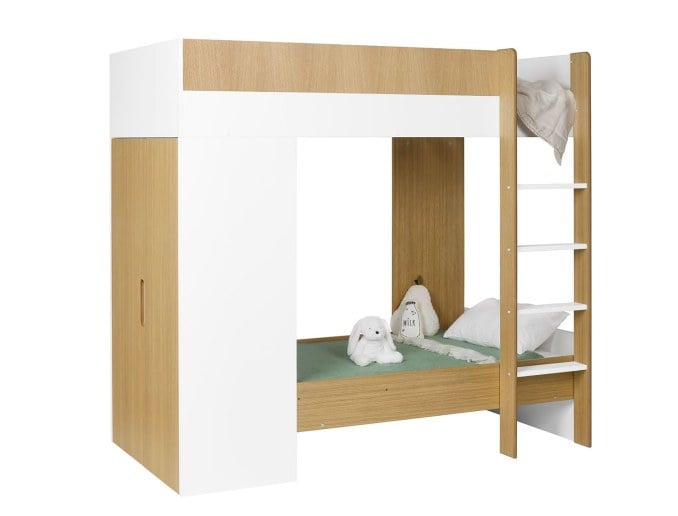 Lit superposé évolutif avec armoire Opus bois et blanc en position petit lit bas 90x140 cm